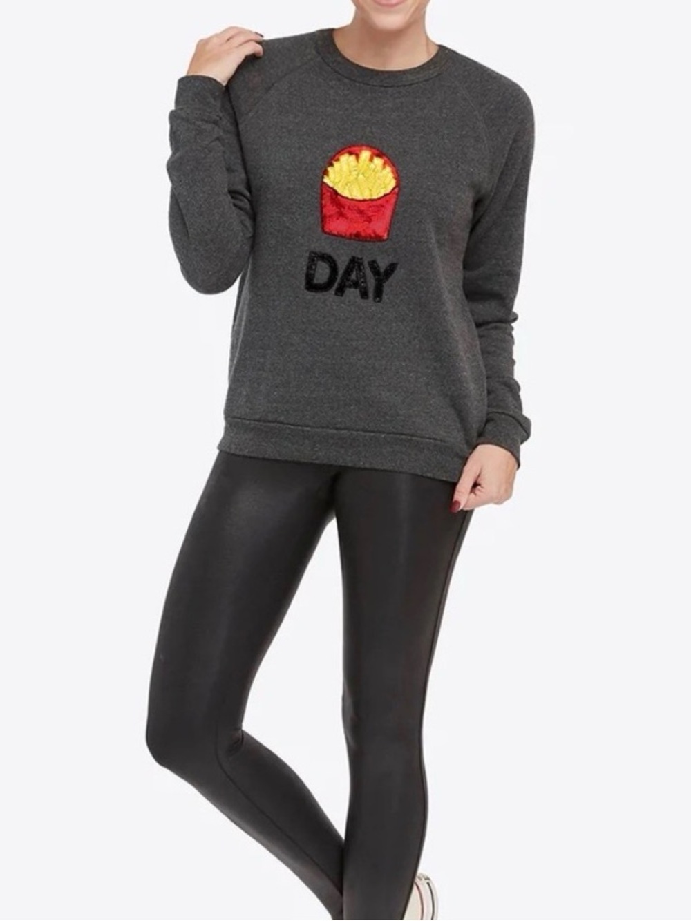 Bow & Drape + Spanx Cotton Blend Gray Crewneck Sweater, Sequin Fry Graphic, Med